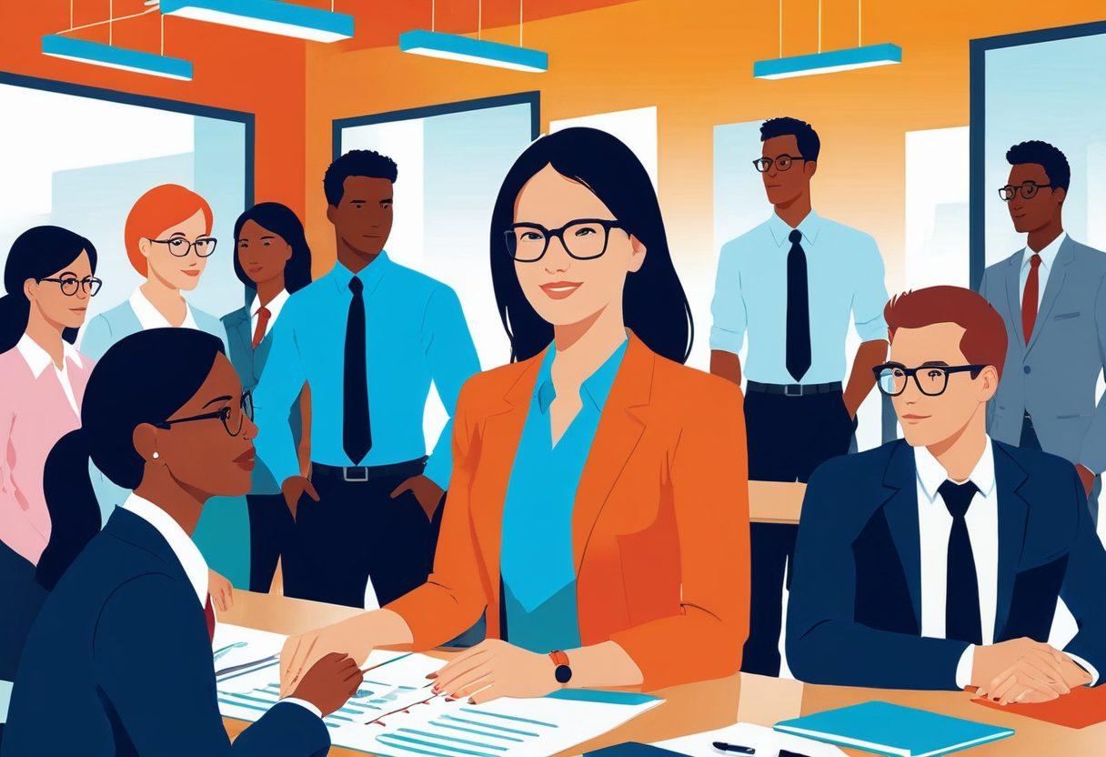 A young professional transitioning through various career stages: starting as an intern in a busy office, growing into a confident mid-level employee in a corporate setting, and finally, becoming a poised leader guiding a team. Dynamic and inspiring illustrations to depict each stage with expert mentors guiding along the way. vibrant colors. vector art.