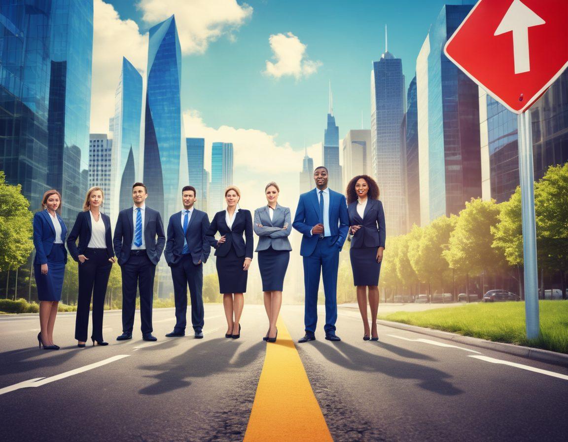 A diverse group of professionals standing at a fork in a road with multiple signs pointing to various career paths like leadership, innovation, and growth. Each person looks confident and determined, with a futuristic cityscape in the background symbolizing progress. Vibrant colors, detailed expressions, and modern office attire. super-realistic.