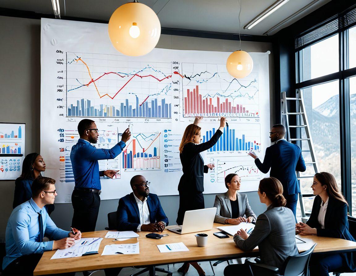 A diverse group of professionals from various industries collaborating at a modern office, with elements like charts, graphs, and lightbulbs symbolizing growth and innovation. Include visual metaphors like a ladder and a mountain to represent career progression, with each individual at different stages of their journey. Use a mix of vibrant and muted colors to convey excitement and seriousness. super-realistic. vibrant colors.